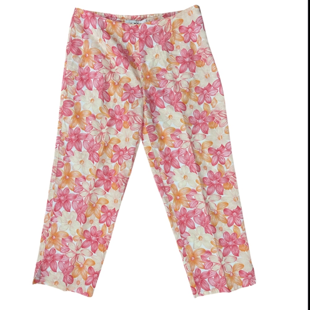 AMI Vintage Floral Linen Cotton Crop Pants Pink Garden Party Size 6